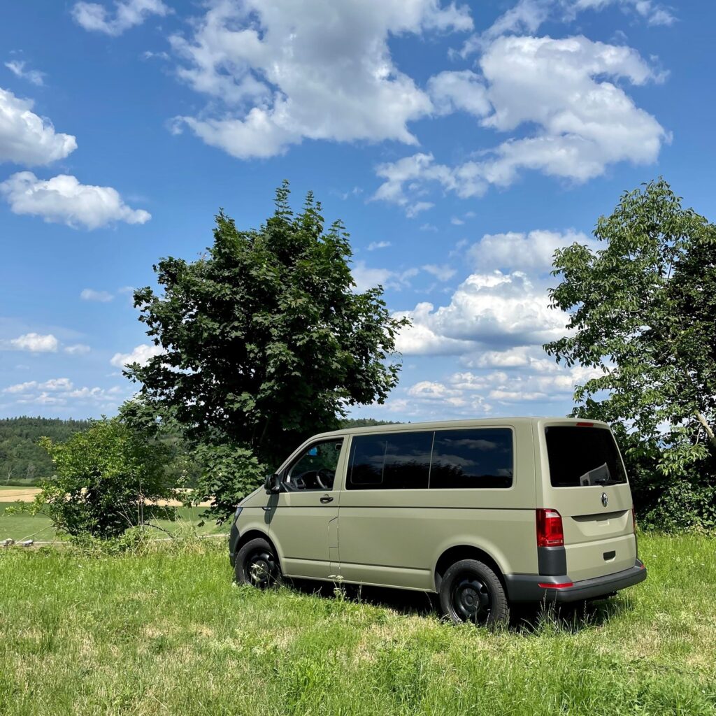 Retro-VW-Bus mit getönten hinteren Scheiben, geparkt auf einer grünen Wiese in der Natur.
