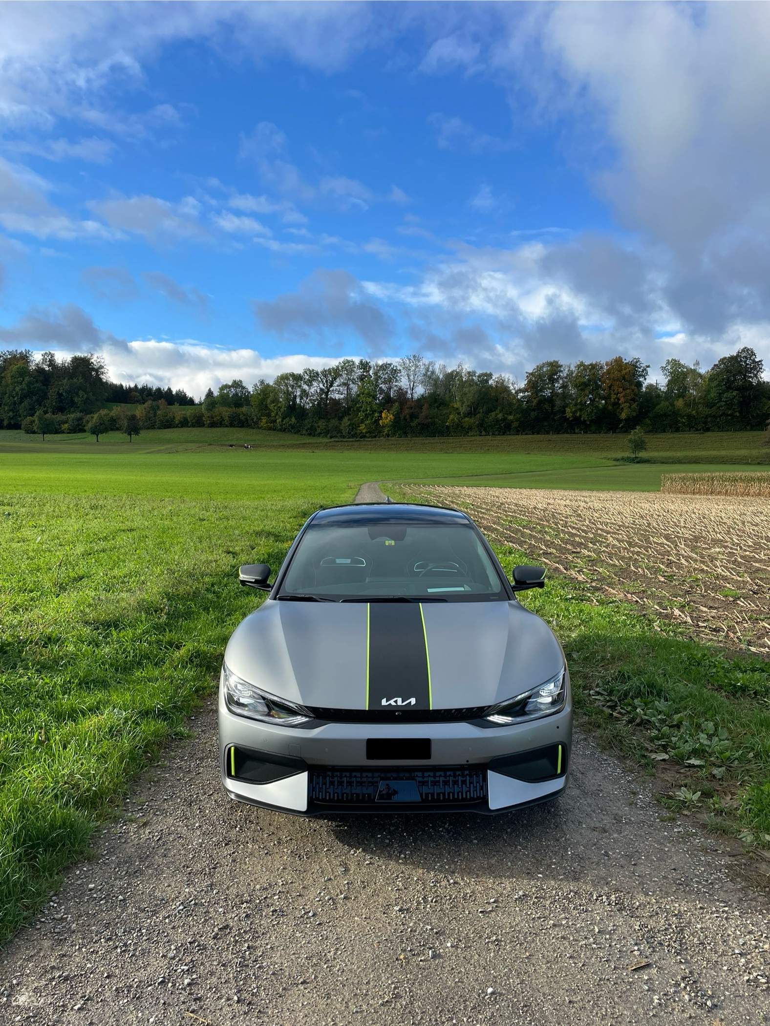 Fahrzeug mit grauer Vollfolierung, fotografiert auf einer Landstrasse