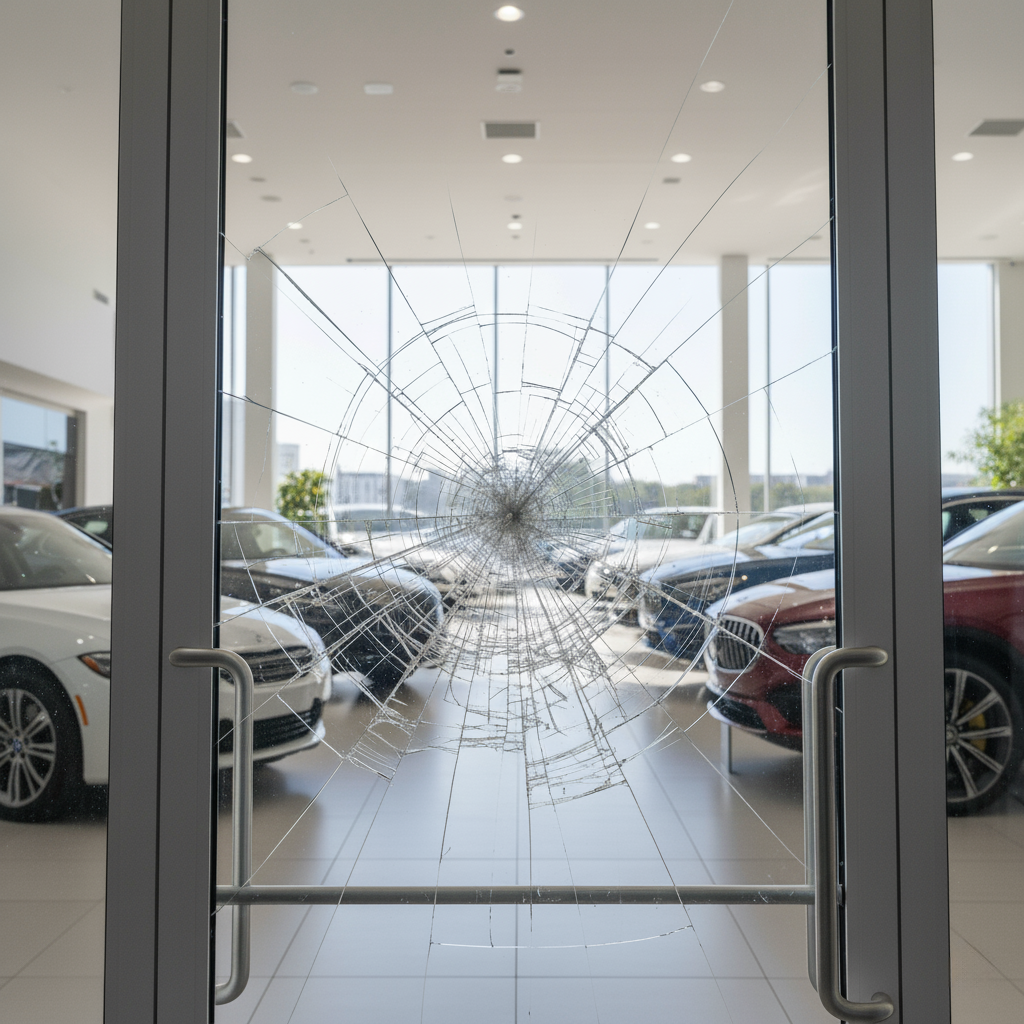 Sicherheitsfolie Autohaus Zerschlagene Sicherheitsfolie an einer Scheibe im Autohaus, Glas bleibt zusammen