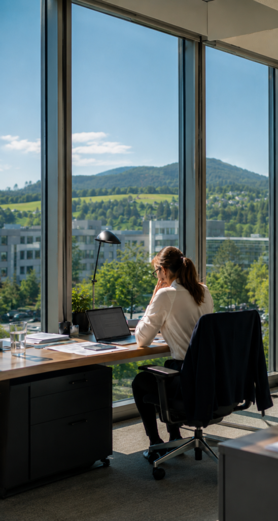 Helles Büro mit grossen Fensterflächen und professioneller Sonnenschutzfolie für weniger Hitze am Arbeitsplatz
